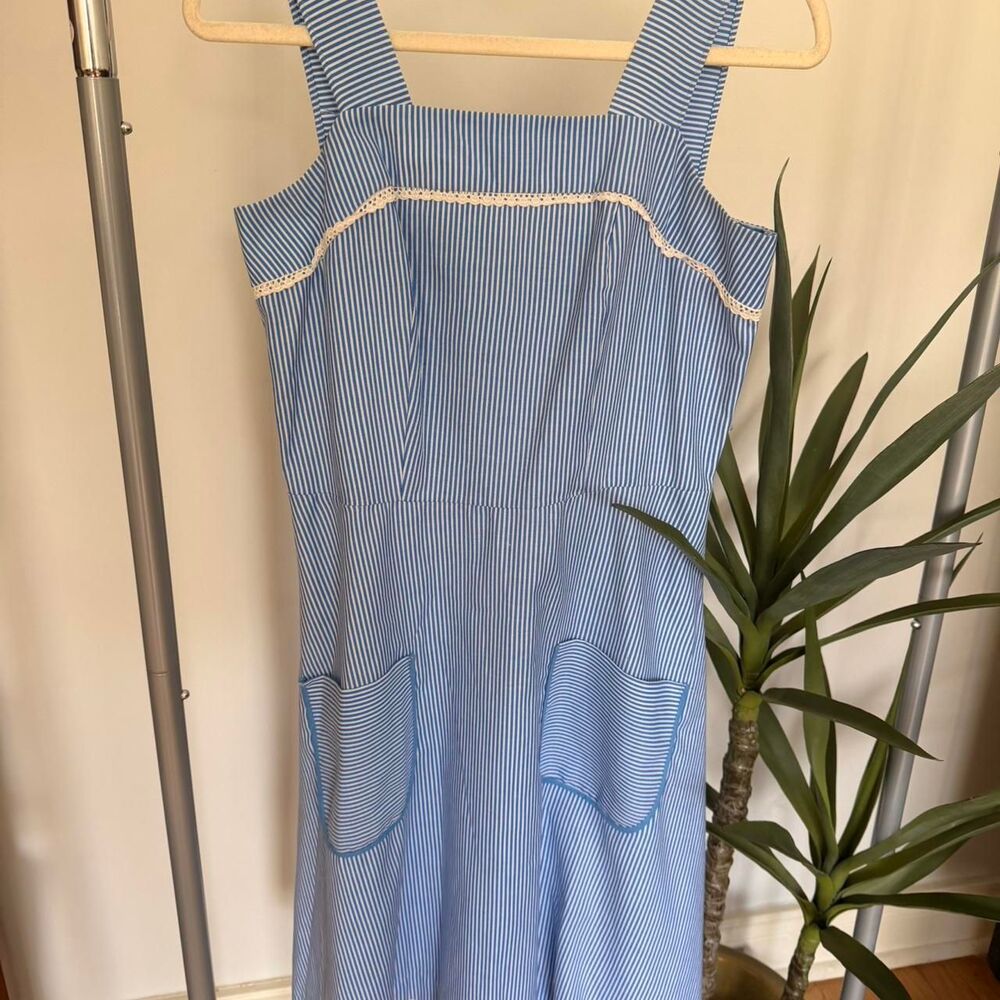 Vintage Blue & White Pinafore-Style Stripe Dress – Coastal Euro Summer Picnic